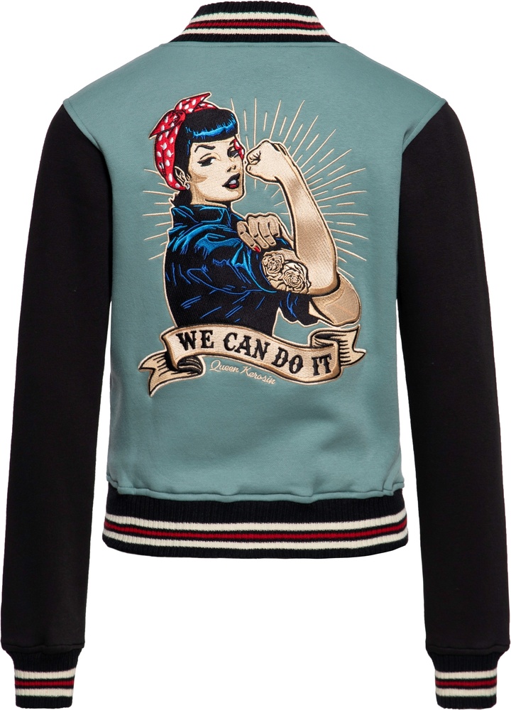 QueenKerosinDamenCollegeSweatJacketWeCanDoItQKI34001SmokeGreen-XS