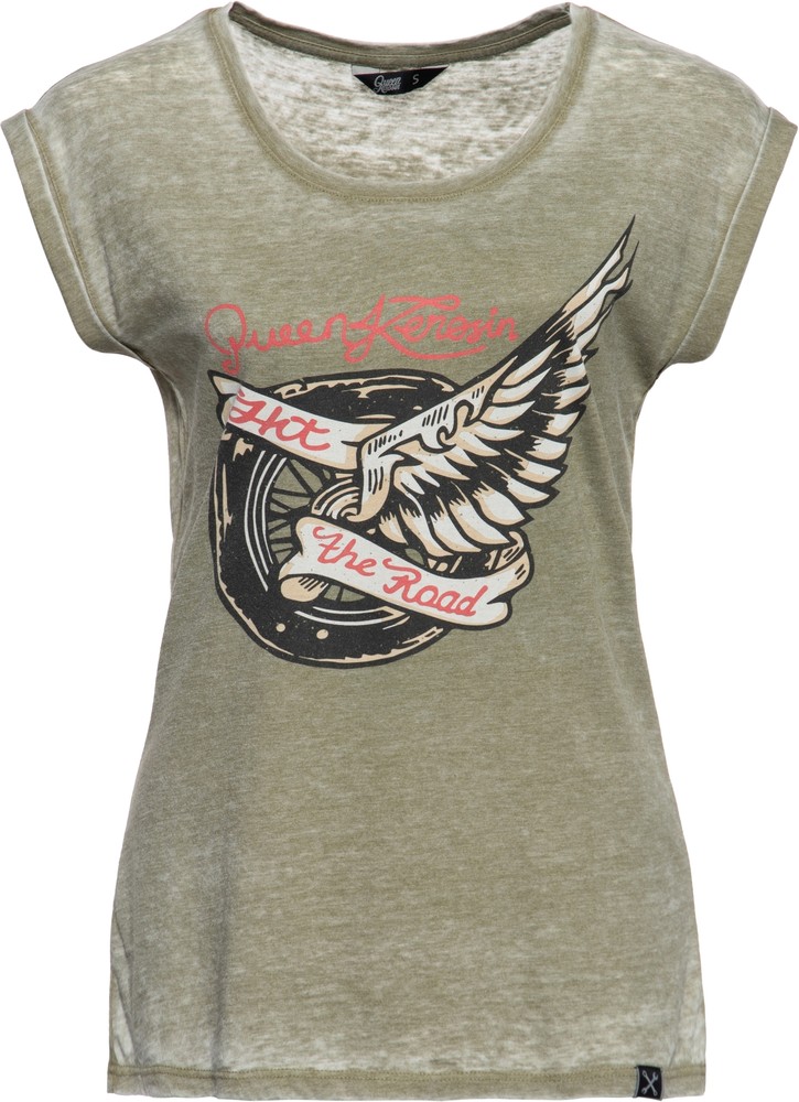 QueenKerosinDamenT-ShirtEnzymeWashHittheRoadWheel